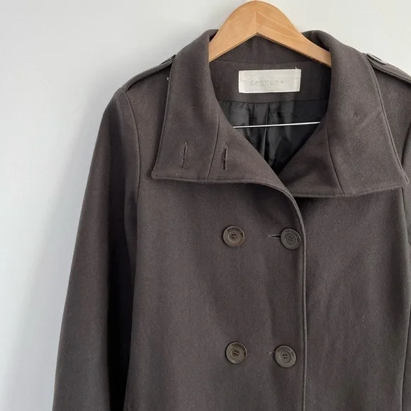 Sessùn New Haven Wool Long Brown Double Breasted Pea Coat - Picture 12 of 13